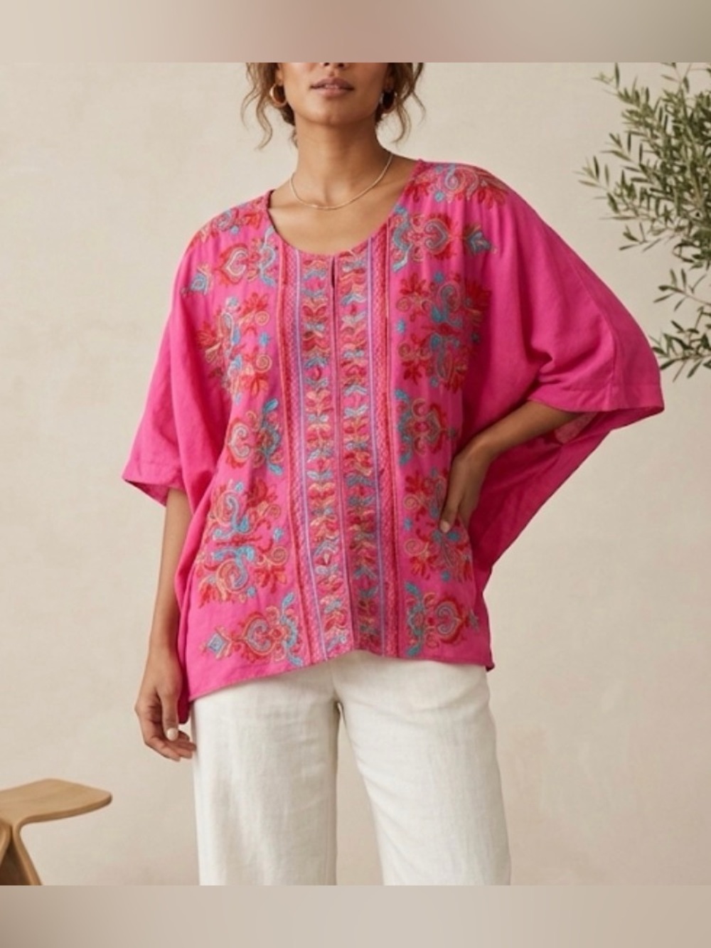 Umgee Hot‎ Pink Embroidered Boho Tunic top Lagenlook XL folklore flowy boho